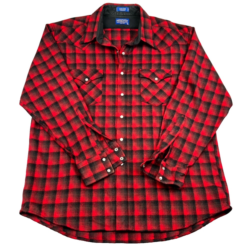 Pendleton Canyon Flannel Wrangler Shirt Mens XL Black Red Check Wool Pearl Snap